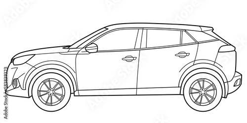 Classic luxury suv car. Crossover car front view shot. Outline doodle vector illustration. Design for print  coloring book.