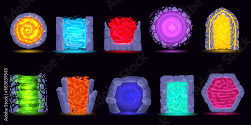 Futuristic portal to another world. Fantasy game gate to another dimensions, magic teleport and stone arches between worlds