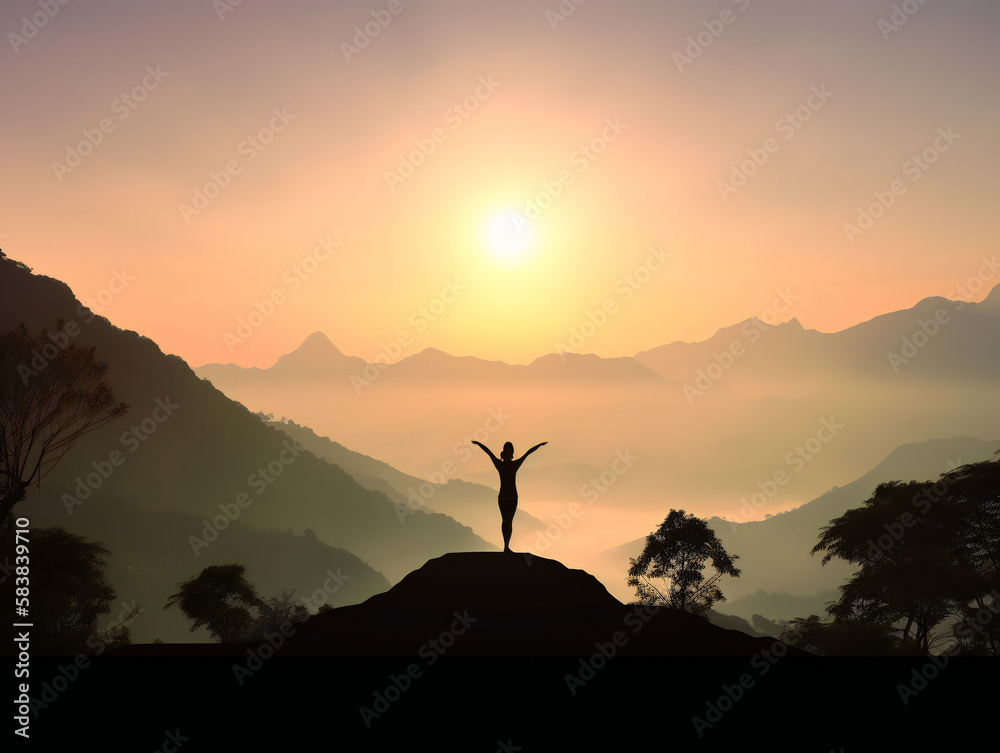 yoga practitioner silhouette during sunrise, serene mountain backdrop, mindfulness and balance, generative AI