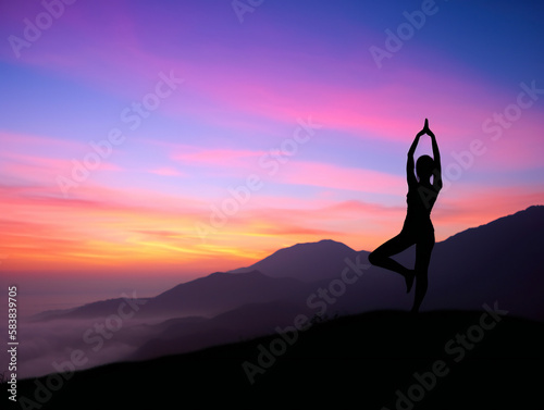 yoga practitioner silhouette during sunrise, serene mountain backdrop, mindfulness and balance, generative AI