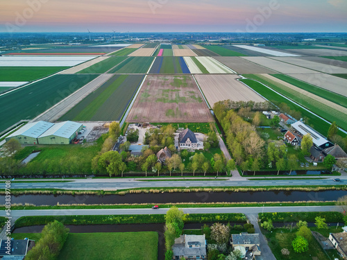 Aerial drone view of typical Dutch fields and polders