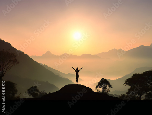 yoga practitioner silhouette during sunrise  serene mountain backdrop  mindfulness and balance  generative AI