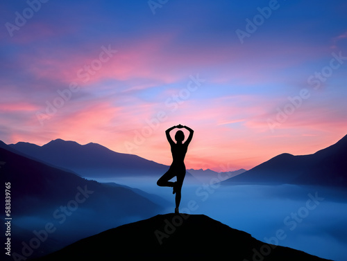 tranquil yoga pose silhouette at sunrise, majestic mountain landscape, meditation and wellness, generative AI