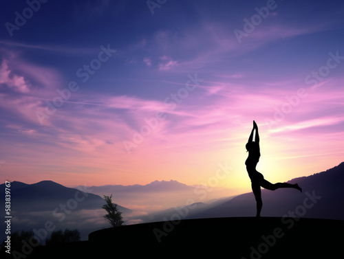 tranquil yoga pose silhouette at sunrise, majestic mountain landscape, meditation and wellness, generative AI