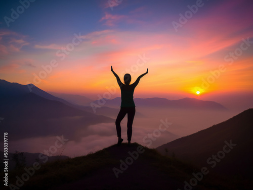 tranquil yoga pose silhouette at sunrise, majestic mountain landscape, meditation and wellness, generative AI © Marcos
