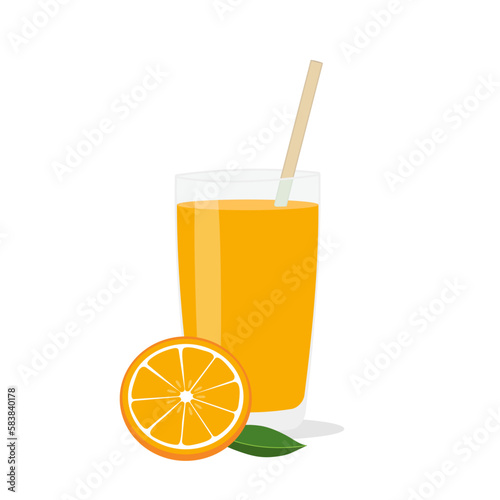 Glasses with fresh delicious orange juice in glass and straw on white background