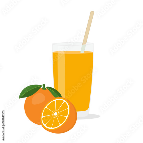 Glasses with fresh delicious orange juice in glass and straw on white background