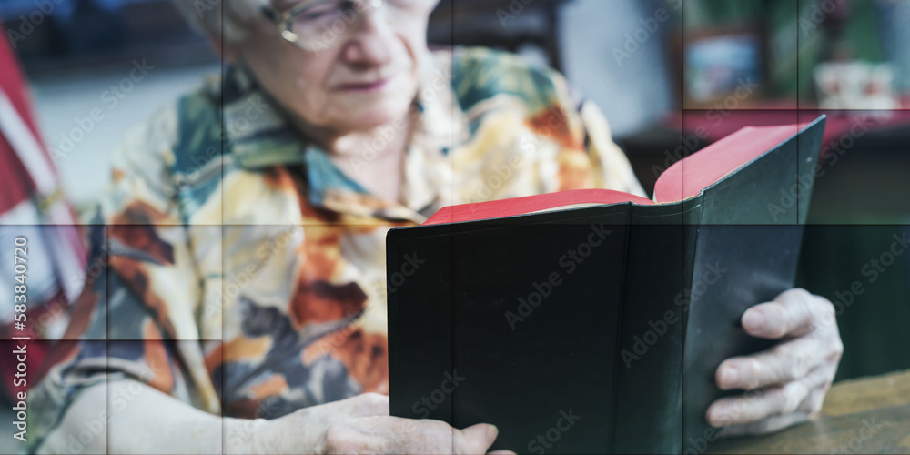 Old woman reading a book, geometric pattern