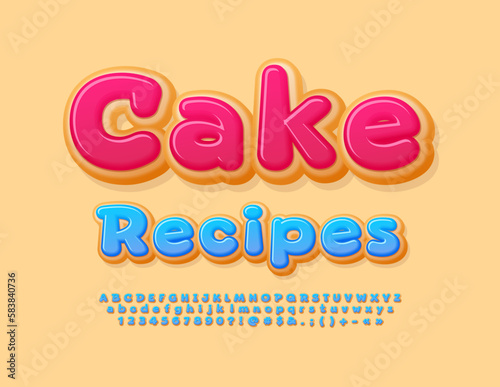 Vector sweet template Cake Recipes with Blue glaze Font. Tasty set of Alphabet Letters, Numbers and Symbols