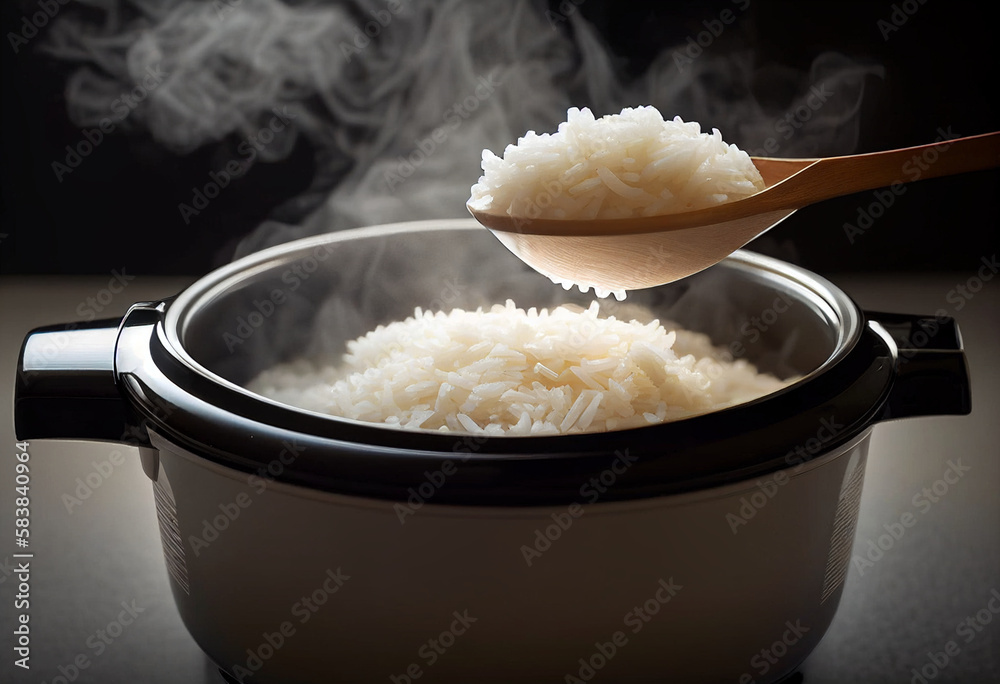 Cook hot jasmine rice in an electric rice cooker withrice ladle from