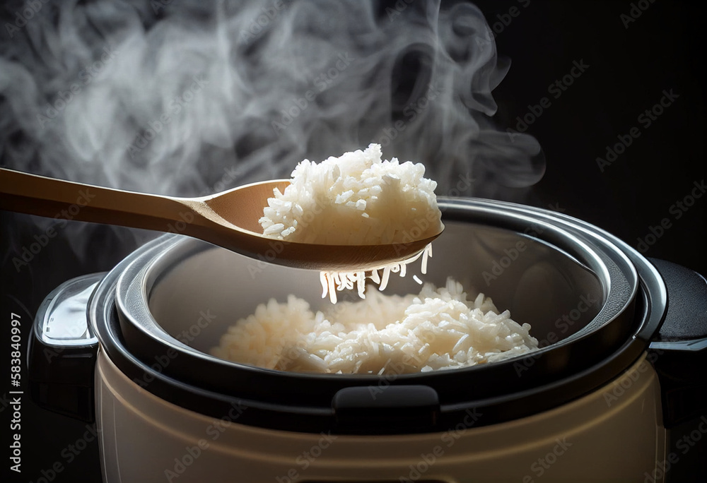 Cook hot jasmine rice in an electric rice cooker withrice ladle from
