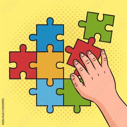 child solve puzzles pinup pop art retro vector illustration. Comic book style imitation.