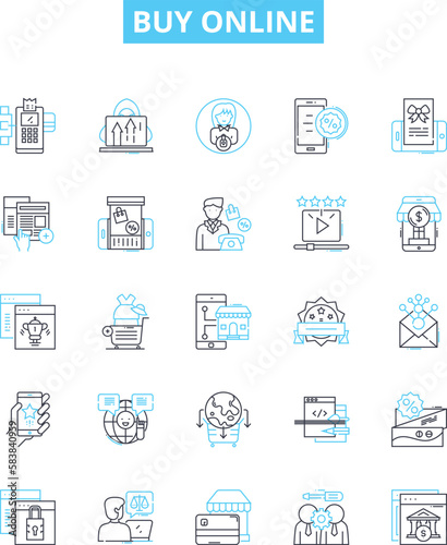 Buy online vector line icons set. Purchase, Order, Obtain, Shop, Buy, Procure, Acquire illustration outline concept symbols and signs