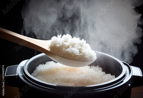 Cook hot jasmine rice in an electric rice cooker withrice ladle from electric rice cooker.Electric rice cooker, the method of cooking rice is easier than ever.Hot white steam rice with smoke.  photo