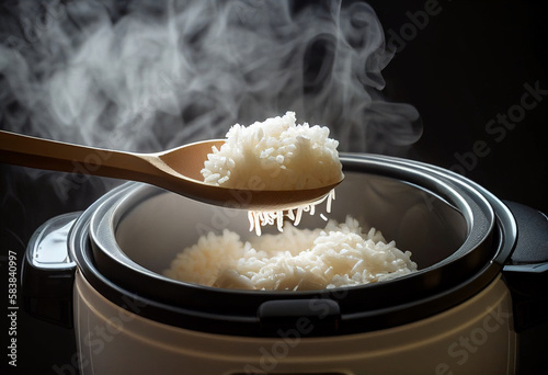 Cook hot jasmine rice in an electric rice cooker withrice ladle from electric rice cooker.Electric rice cooker, the method of cooking rice is easier than ever.Hot white steam rice with smoke.  photo