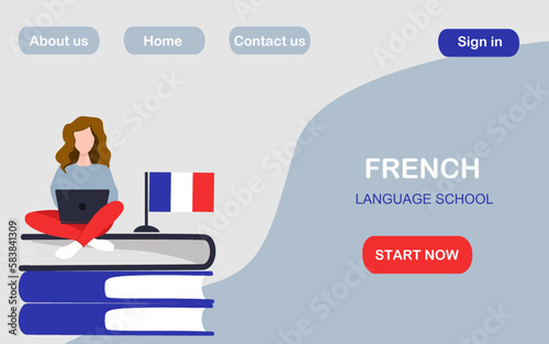 Learn French Online Landing Page Template. Female siting on the book and studying French online at the notebook. Cartoon People Vector Illustration. Vector illustration
