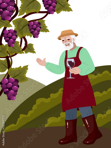 Man farmer taking wine glass and showing his harvest in vineyard garden. Grape harvesting and making craft wine concept. Summertime farming. Vector illustration