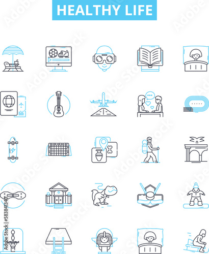 Healthy life vector line icons set. Wellness, Exercise, Nutrition, Hydration, Balance, Joy, Relaxation illustration outline concept symbols and signs