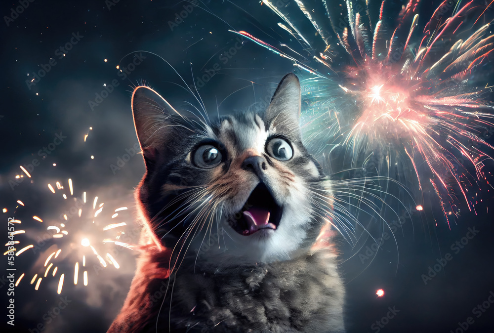 The cat is afraid and shocked by the sound of fireworks with sky