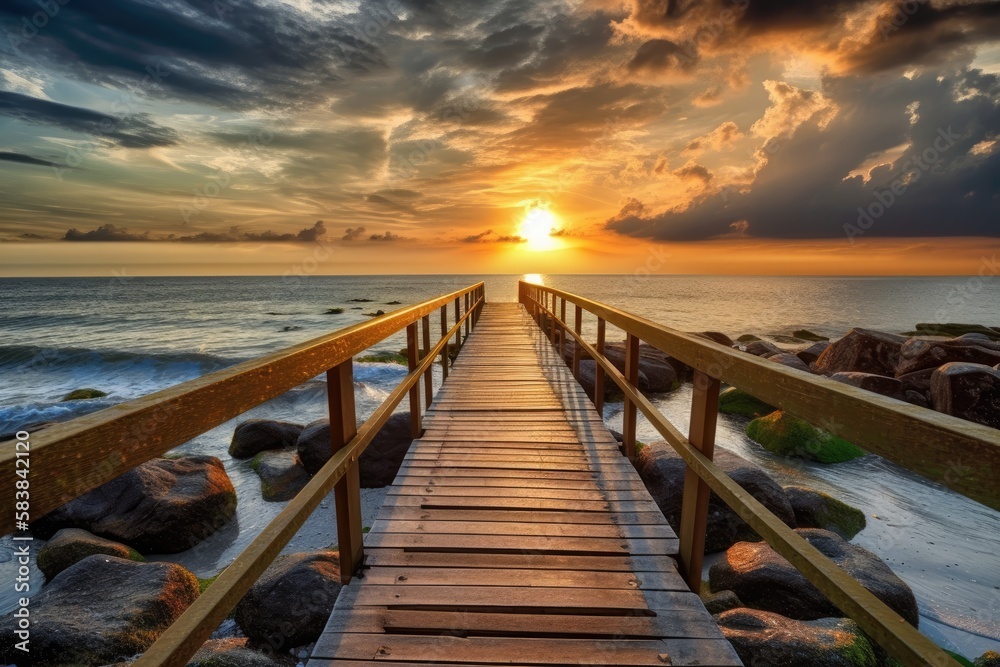 Step onto the footbridge and leave the world behind. Let the calming sea breeze guide you to a beach sanctuary, where meditation and inner peace await. Generative AI