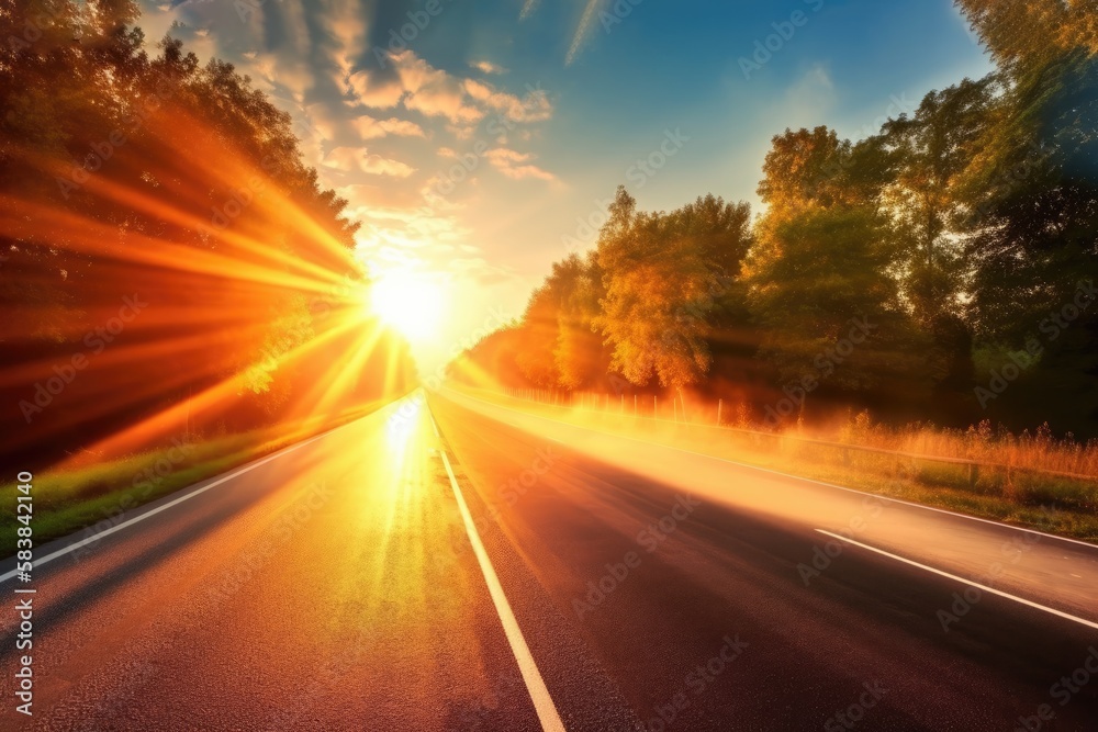 Early in the summer morning, the sun's rays shine down a pretty road. A cozy start to a promising day. Generative AI