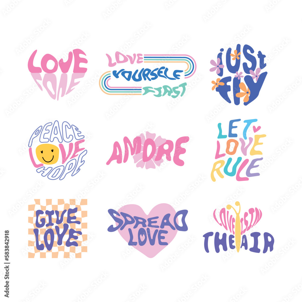 Colorful set of Love slogans in groovy style. Motivational, Inspirational  quotes, lettering text design for posters, t-shirt, cards and stickers. Vector illustration.