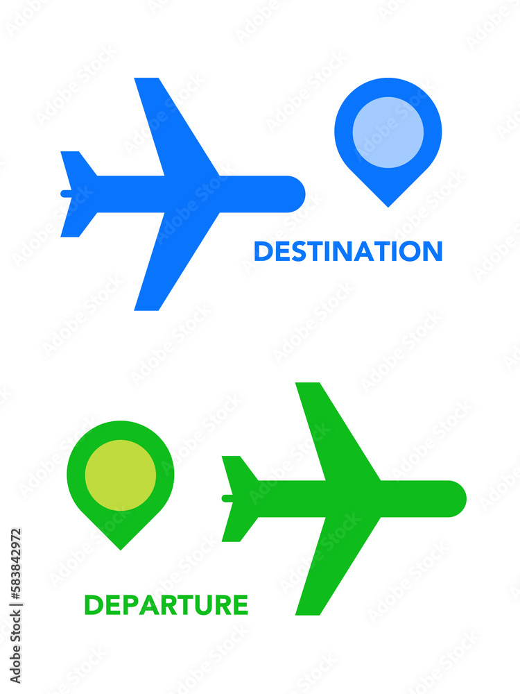 Icons with departure and arrival at the destination, a set of two symbols in green and blue with planes and pointers