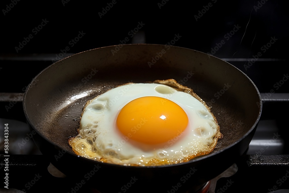 A fried egg in a frying pan on an old gas cooker. A fried egg in a frying pan on an old gas cooker.