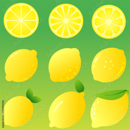 Lemons icon set. Vector illustration of lemon for fruit and food design. Graphic resource of lemon for vegetarian, healthy, diet, nutrition, vegan and tropical. Fresh fruit for healthy lifestyle