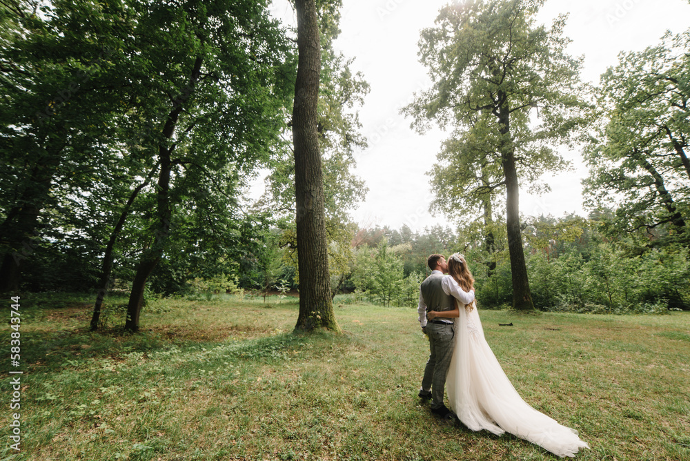 Romantic wedding moment, couple of newlyweds kissing in nature in the park. Wedding ceremony. Romantic wedding moment, couple of newlyweds kissing in nature in the park. Wedding ceremony.