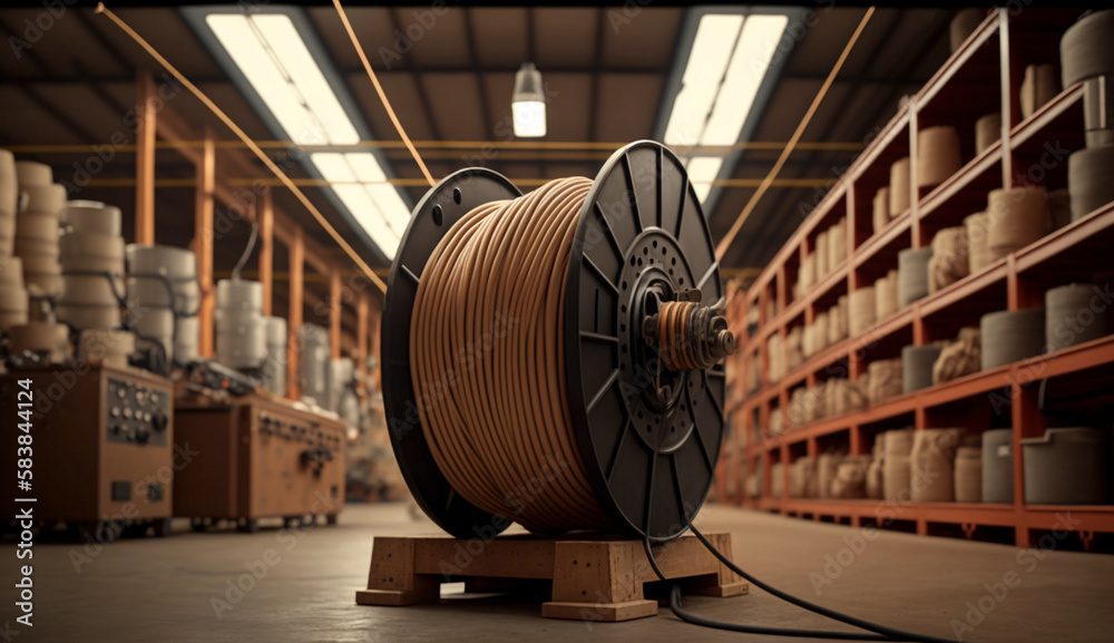Warehouse with wooden coil wire electric cable. Generative Ai. Stock ...