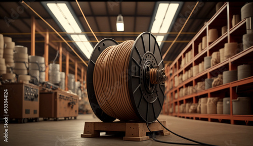 Warehouse with wooden coil wire electric cable. Generative Ai. photo
