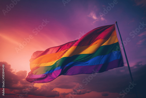 AI generated closeup rainbow flag of LGBT community blowing in wind with big waves