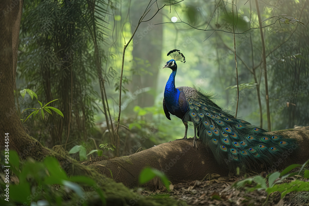 Obraz premium Peacock in deep forest. Generative AI
