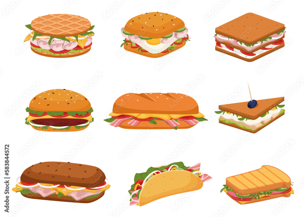 Subs and Sandwiches of Black and Wheaten Bread. Delicious panini with vegetables, salmon and meat. Crispy toast, croissant and bun sandwiches vector set.