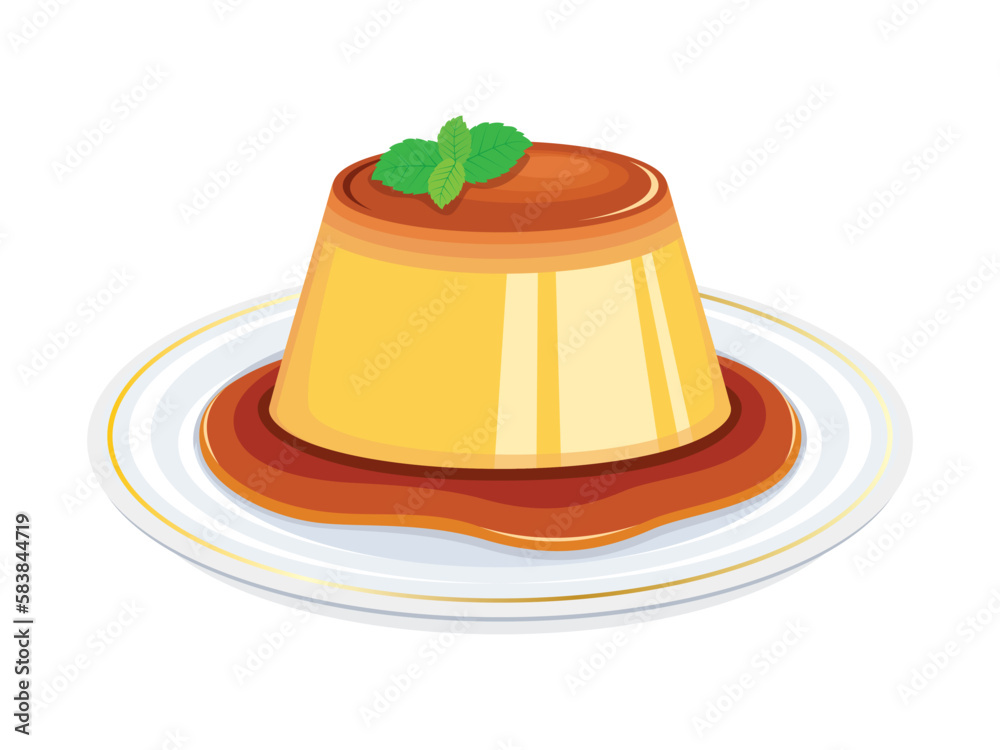 Vanilla pudding custard with caramel sauce icon vector. Custard creamy dessert with caramel sauce on a plate graphic design element isolated on a white background. Yellow pudding cake illustration Vanilla pudding custard with caramel sauce icon vector. Custard creamy dessert with caramel sauce on a plate graphic design element isolated on a white background. Yellow pudding cake illustration