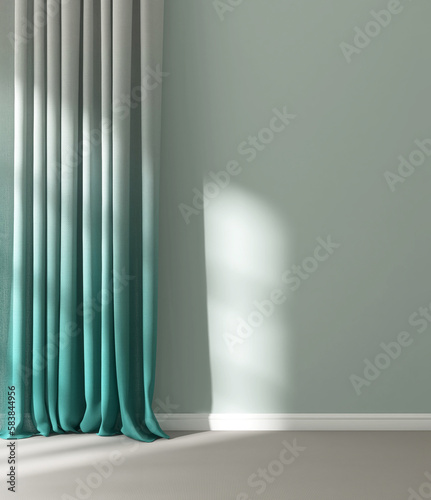 Turquoise blue gradient tie dye curtain drape in sunlight, window grille shadow on pastel green wall, gray carpet floor for modern interior decoration, luxury fashion, beauty product background 3D