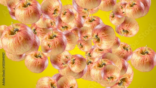 Abstract explosion with ugly Apples flying in different directions on a yellow background. Creative colorful food animation concept with fruits (ID: 583844987)