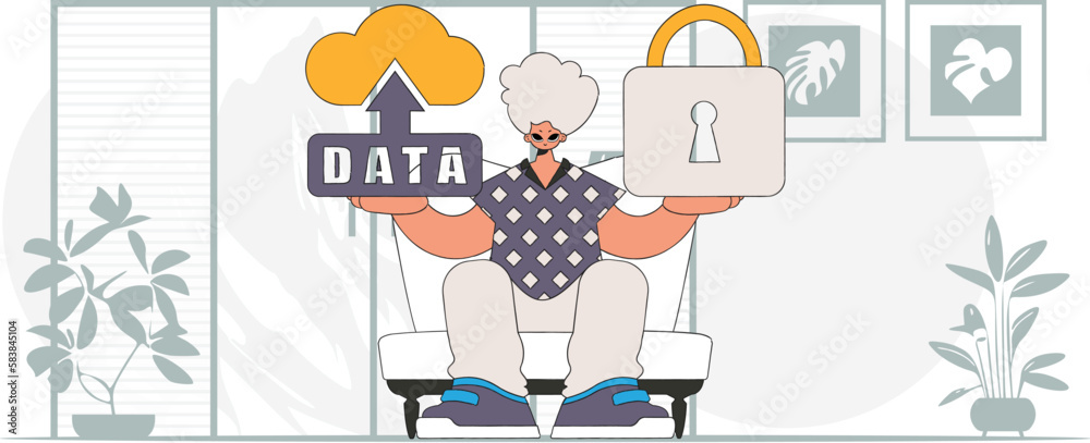 Modern character style vector of man with cloud storage and padlock. Modern character style vector of man with cloud storage and padlock.