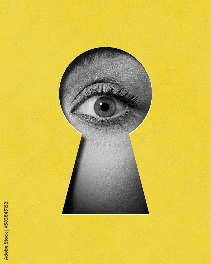 Hidden secrets. Female eye attentively looking into keyhole against yellow background. Contemporary art collage. Conceptual design. Concept of creativity, abstract art, imagination and inspiration. - obrazy, fototapety, plakaty 
