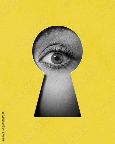 Hidden secrets. Female eye attentively looking into keyhole against yellow background. Contemporary art collage. Conceptual design. Concept of creativity, abstract art, imagination and inspiration.