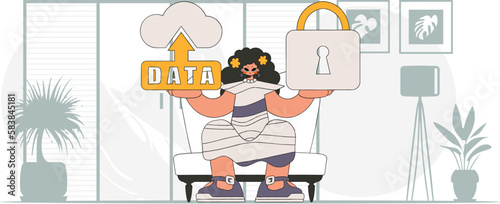Girl with a padlock, vector illustration in modern character style, secure cloud storage.