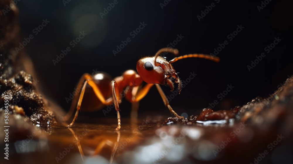 Macro photography of a red ant, created with Generative AI technology Macro photography of a red ant, created with Generative AI technology
