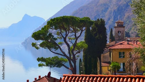 Monte San Salvatore from bank of Lake Lugano, Oria, Valsolda, Italy photo