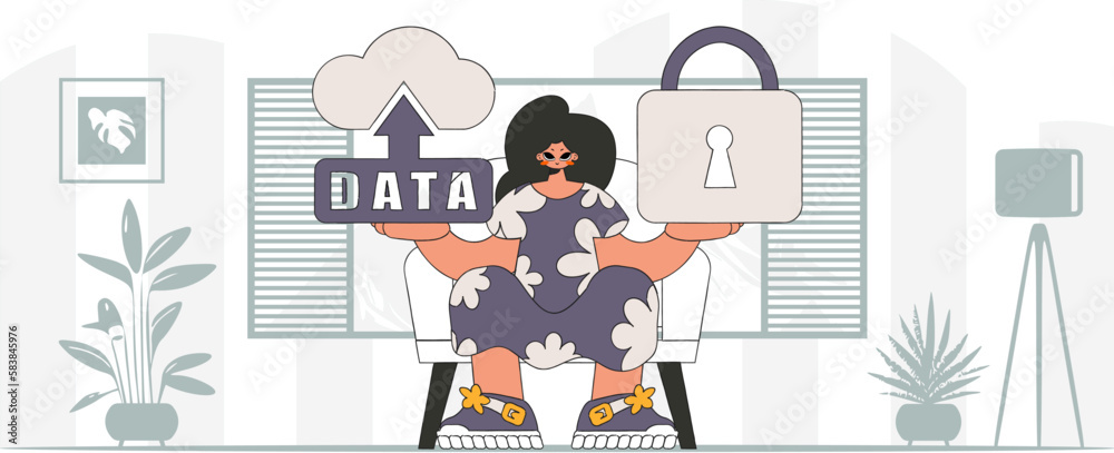 Girl adorned in cloud storage and padlock, in modern vector character style.