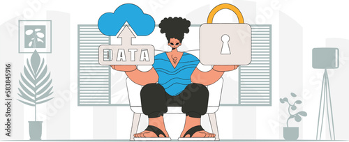 Modern vector styled man with padlocked cloud storage.