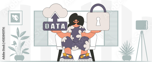 Girl adorned in cloud storage and padlock, in modern vector character style. © Javvani