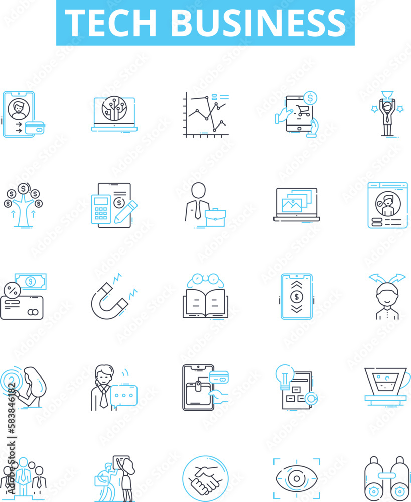 Tech business vector line icons set. Tech, Business, Software, Applications, Solutions, Cloud, Networking illustration outline concept symbols and signs