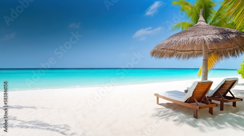 Ocean beach with white sand, umbrella and two sunbeds. Based on Generative AI