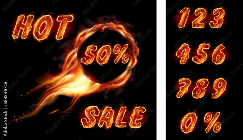 Transparent realistic round  fire flame frame with burning text. Hot sale and perсent and digit for your business banners - obrazy, fototapety, plakaty 